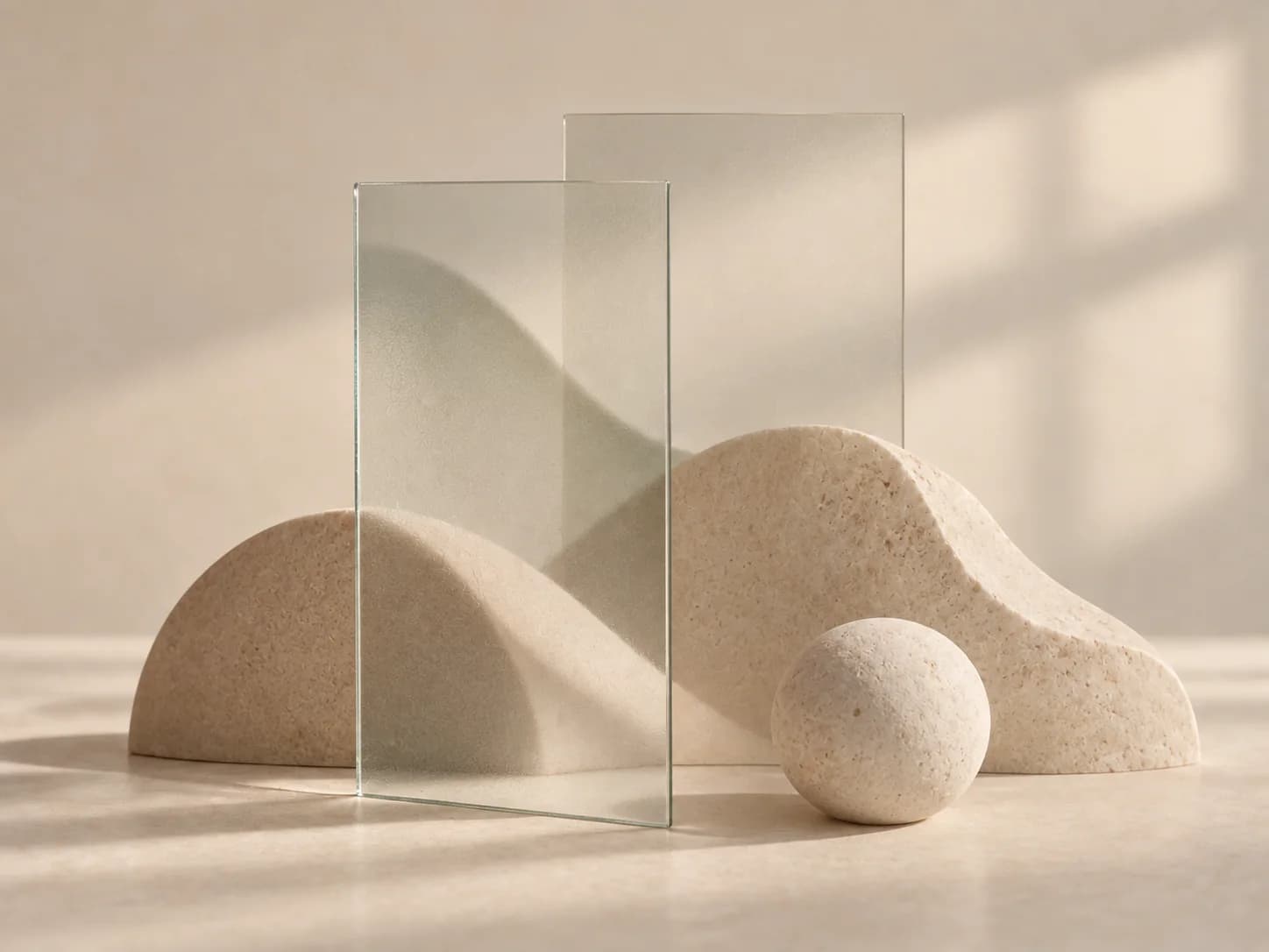 Translucent glass layers over softly curved mineral forms