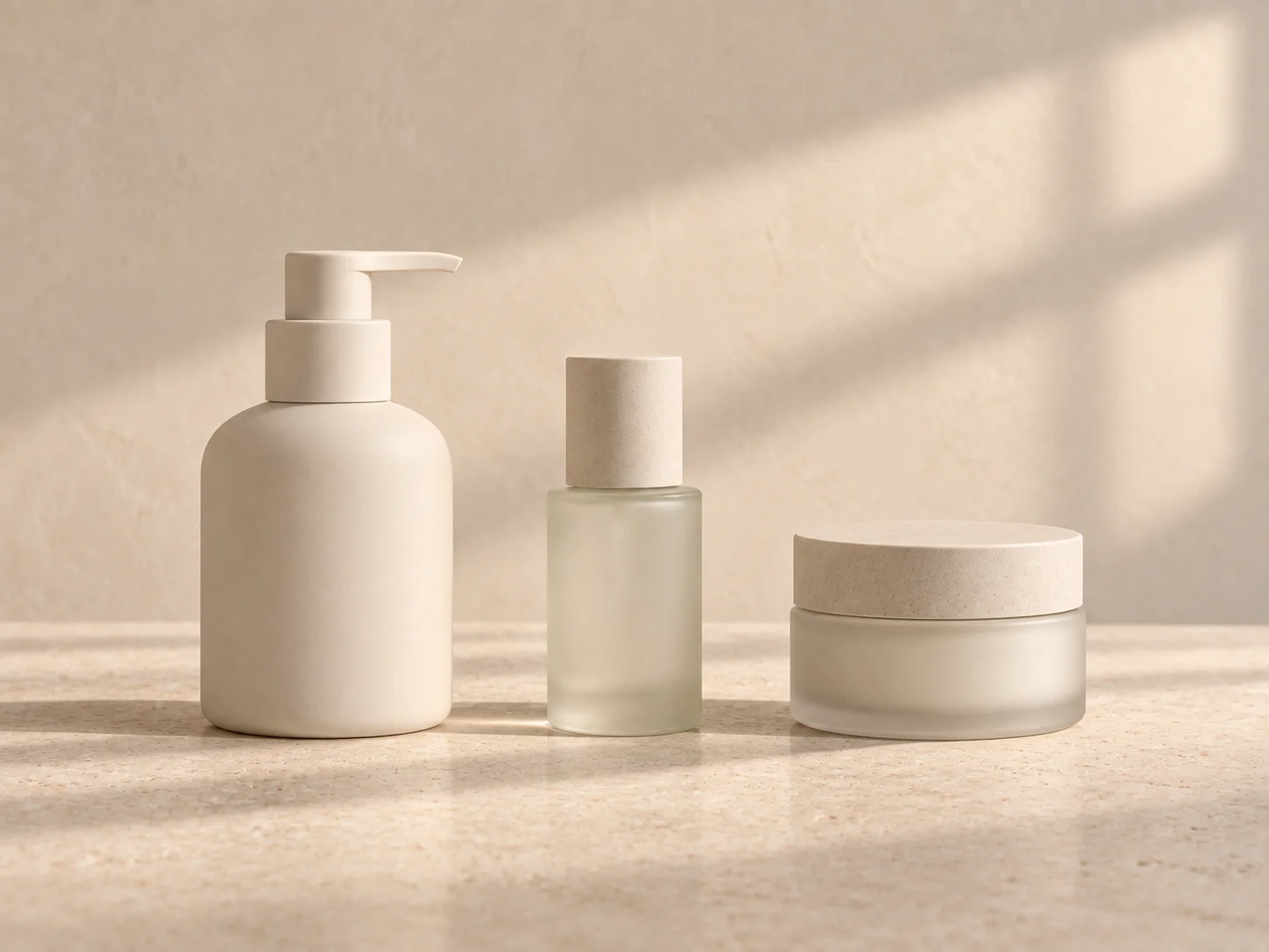Three unlabeled skincare containers arranged in a simple routine